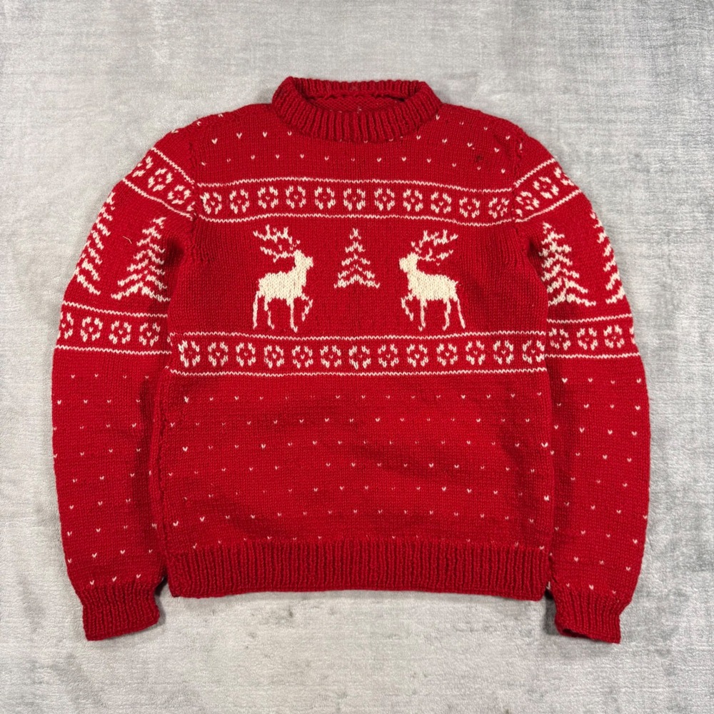 Vtg Handknit Sweater Women Large Red Reindeer Nordic Chunky Knit Fair Isle